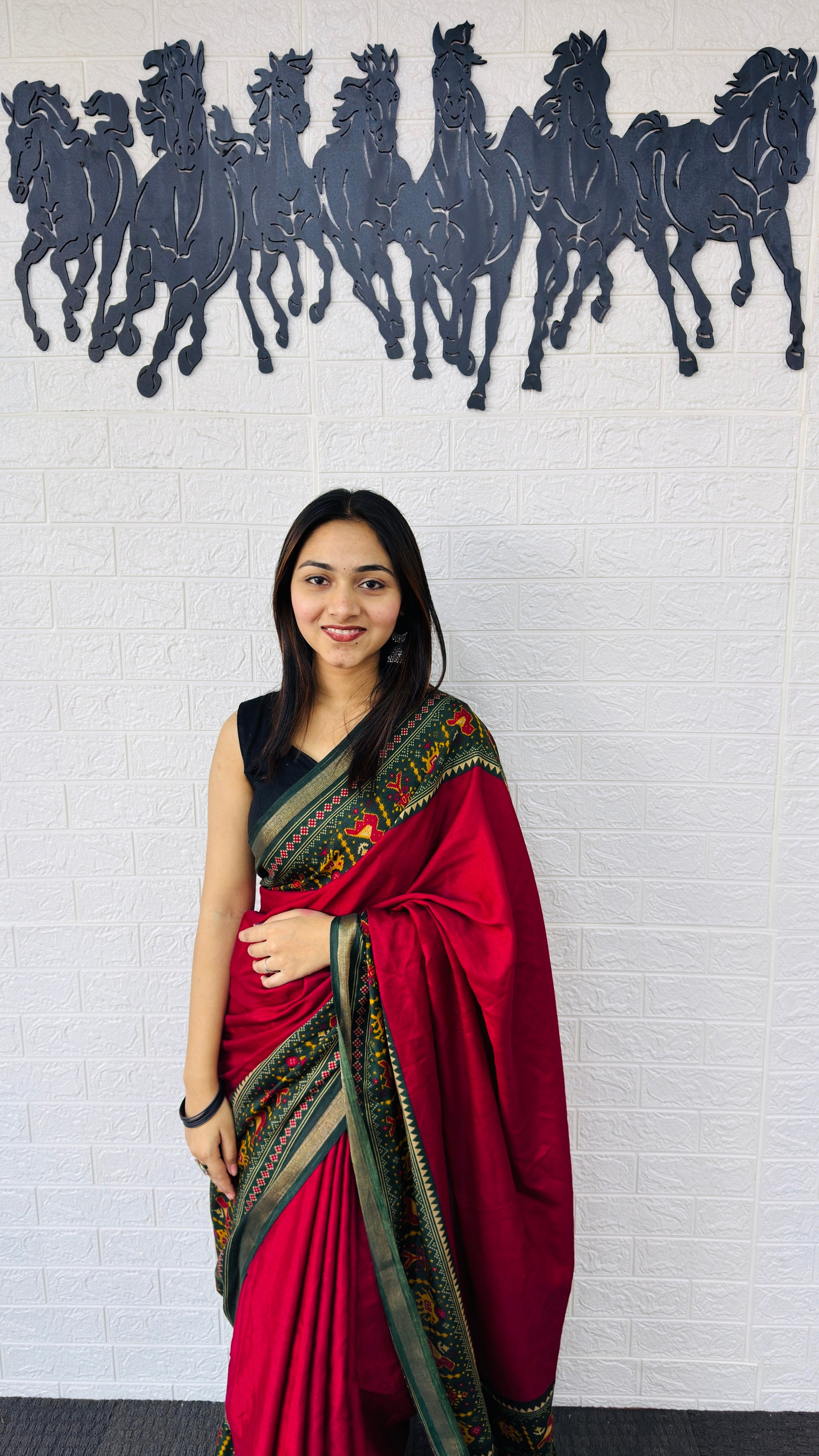Royal Red Designer Saree with Deep Green Folk Heritage Pallu