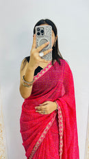 Luxury Rani Pink Linen Saree with Textured Micro Prints & Elegant Scalloped Lace Border