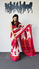 Elegant Ivory & Rani Pink Traditional Printed Saree with Statement Ethnic Pallu