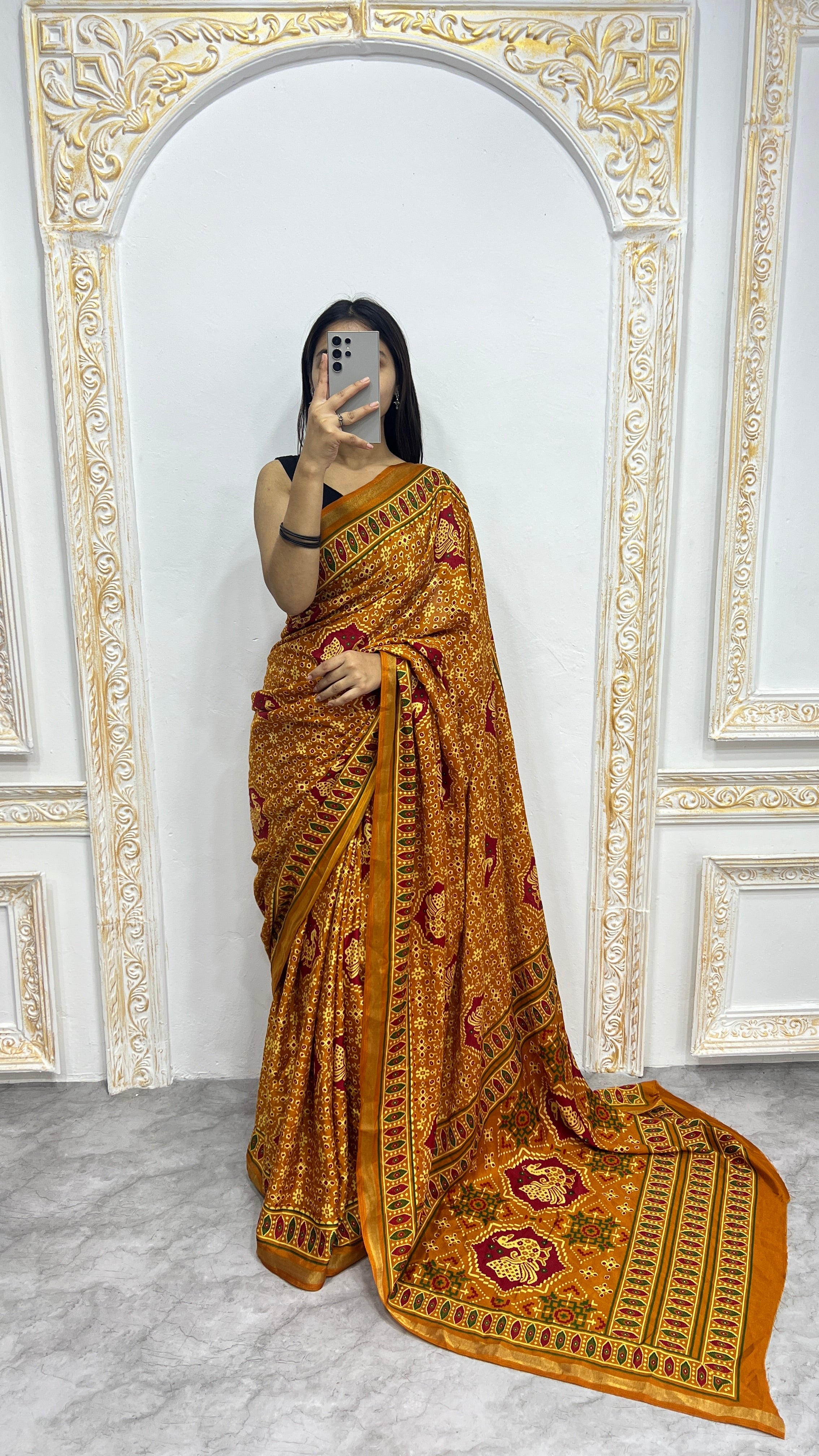 Luxury Mustard Yellow Heritage Printed Saree with Traditional Motifs & Rich Ethnic Border