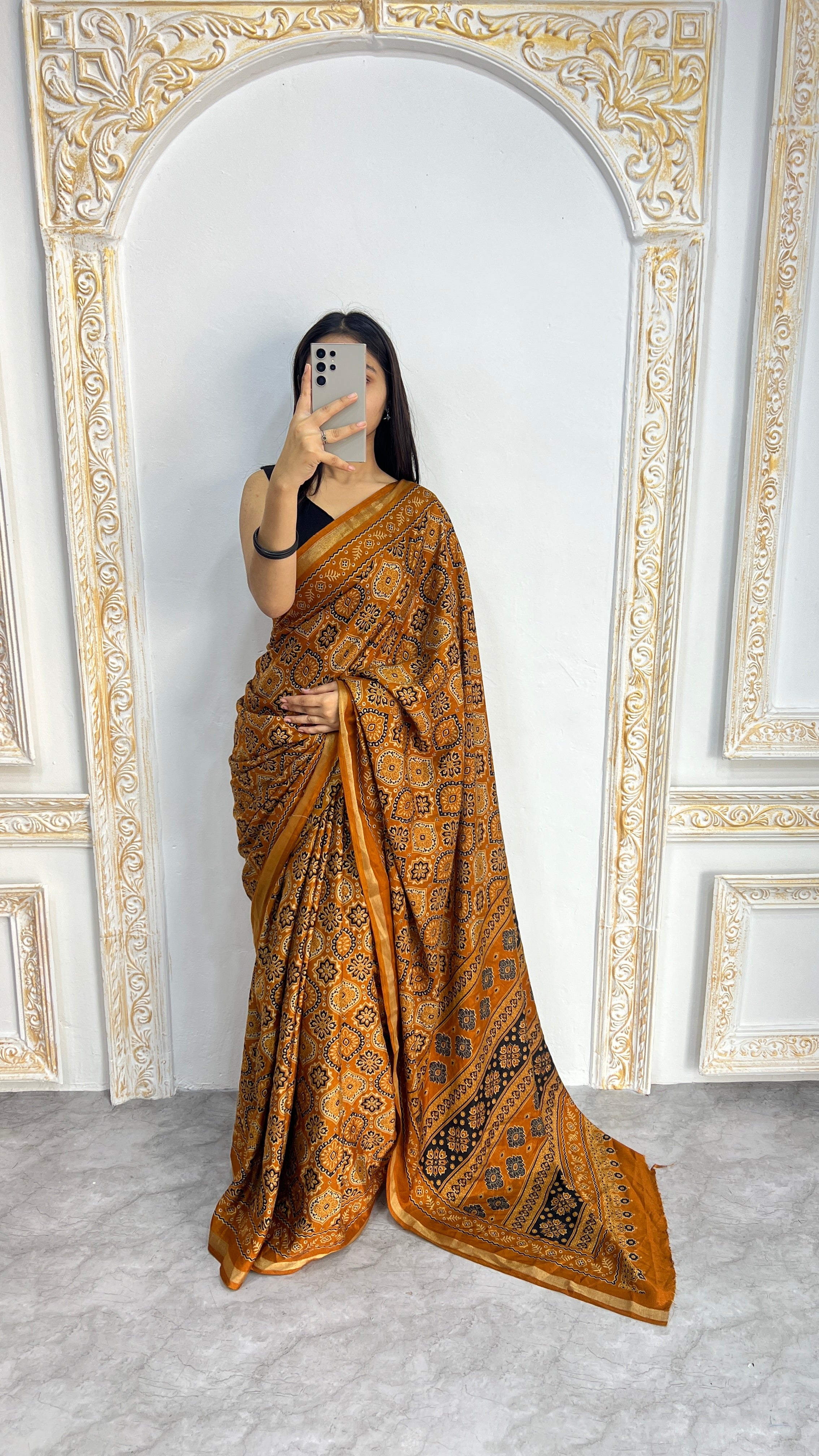 Luxury Mustard Gold Ajrakh-Inspired Printed Saree with Intricate Heritage Motifs & Grand Designer Pallu