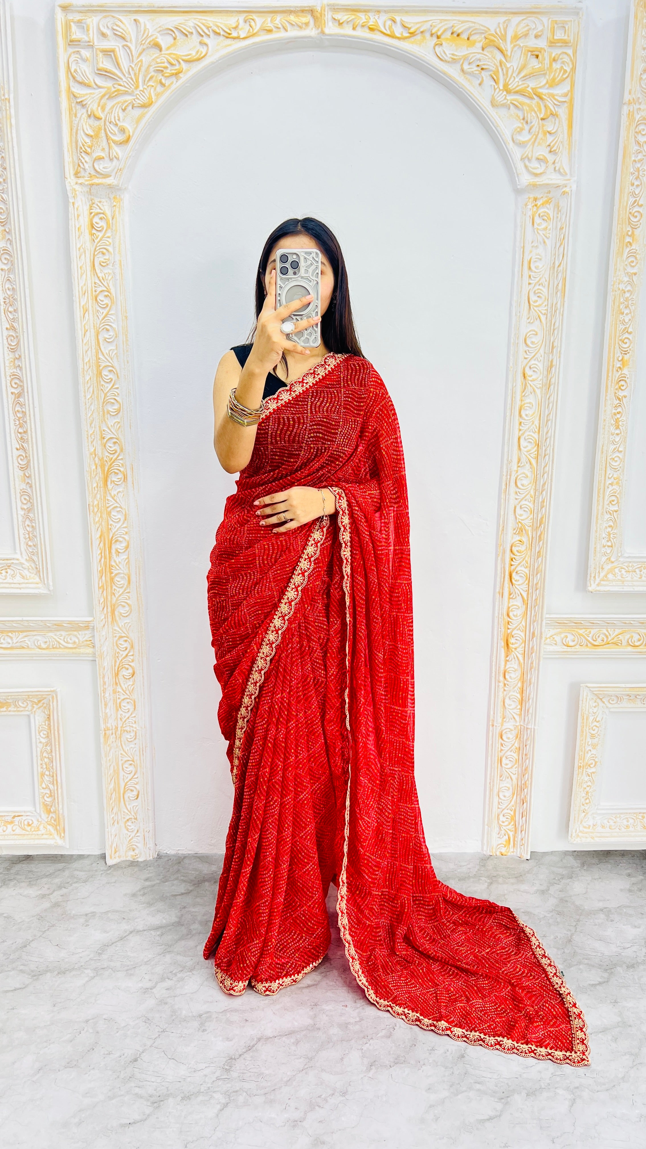 Luxury Classic Red Linen Saree with Textured Micro Prints & Elegant Scalloped Lace Border