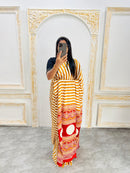 Elegant Mustard Yellow & White Striped Designer Saree with Bold Red Heritage Pallu