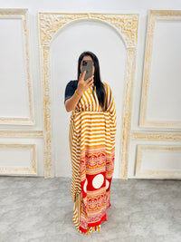 Elegant Mustard Yellow & White Striped Designer Saree with Bold Red Heritage Pallu