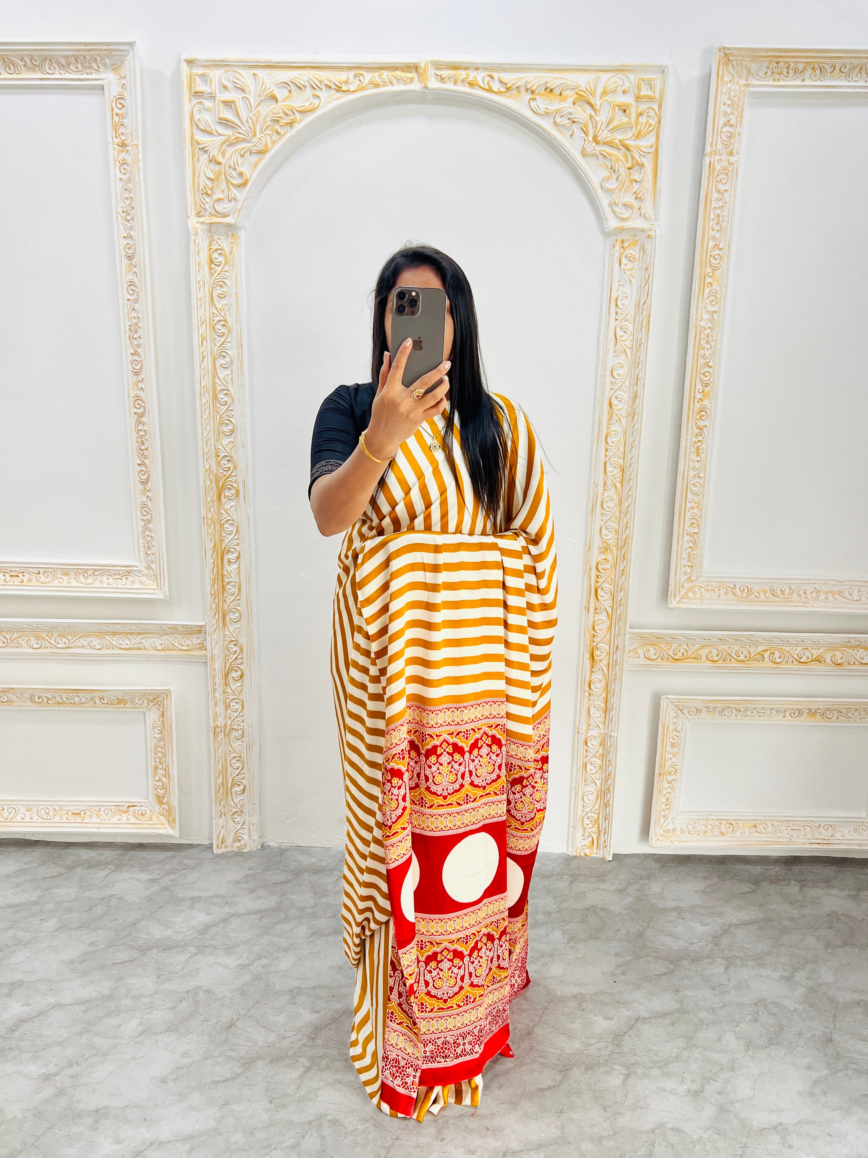 Elegant Mustard Yellow & White Striped Designer Saree with Bold Red Heritage Pallu