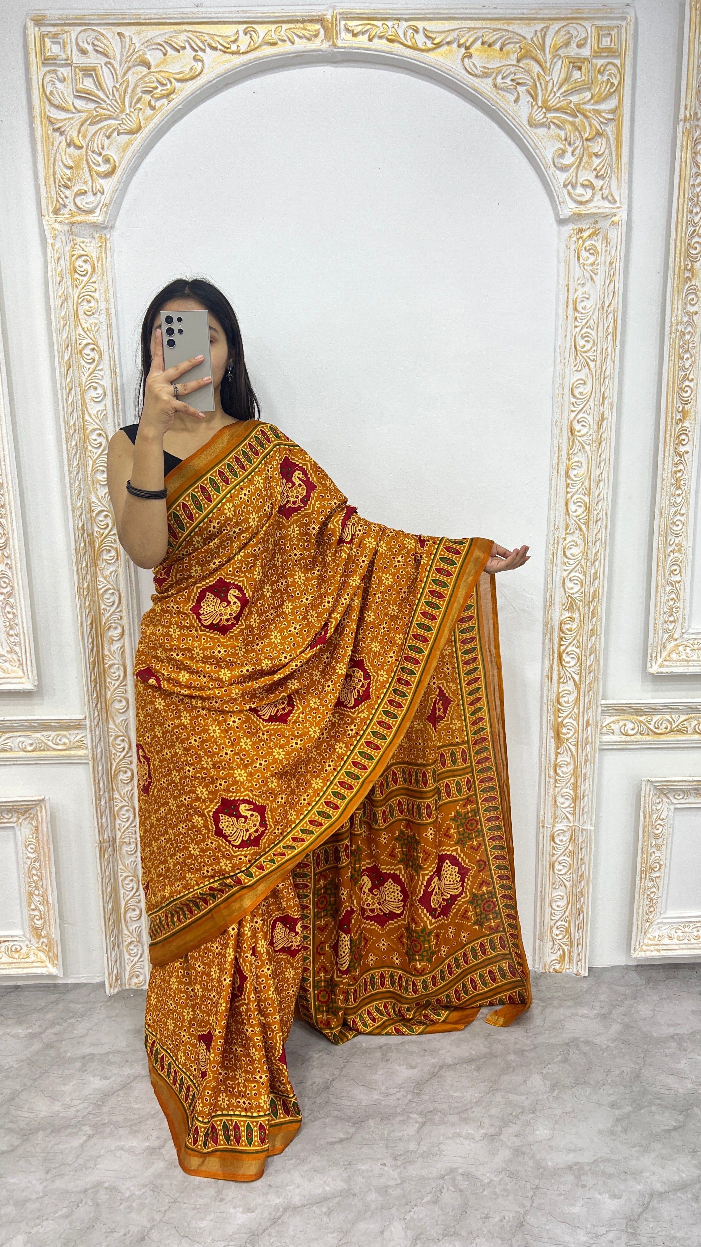 Luxury Mustard Yellow Heritage Printed Saree with Traditional Motifs & Rich Ethnic Border