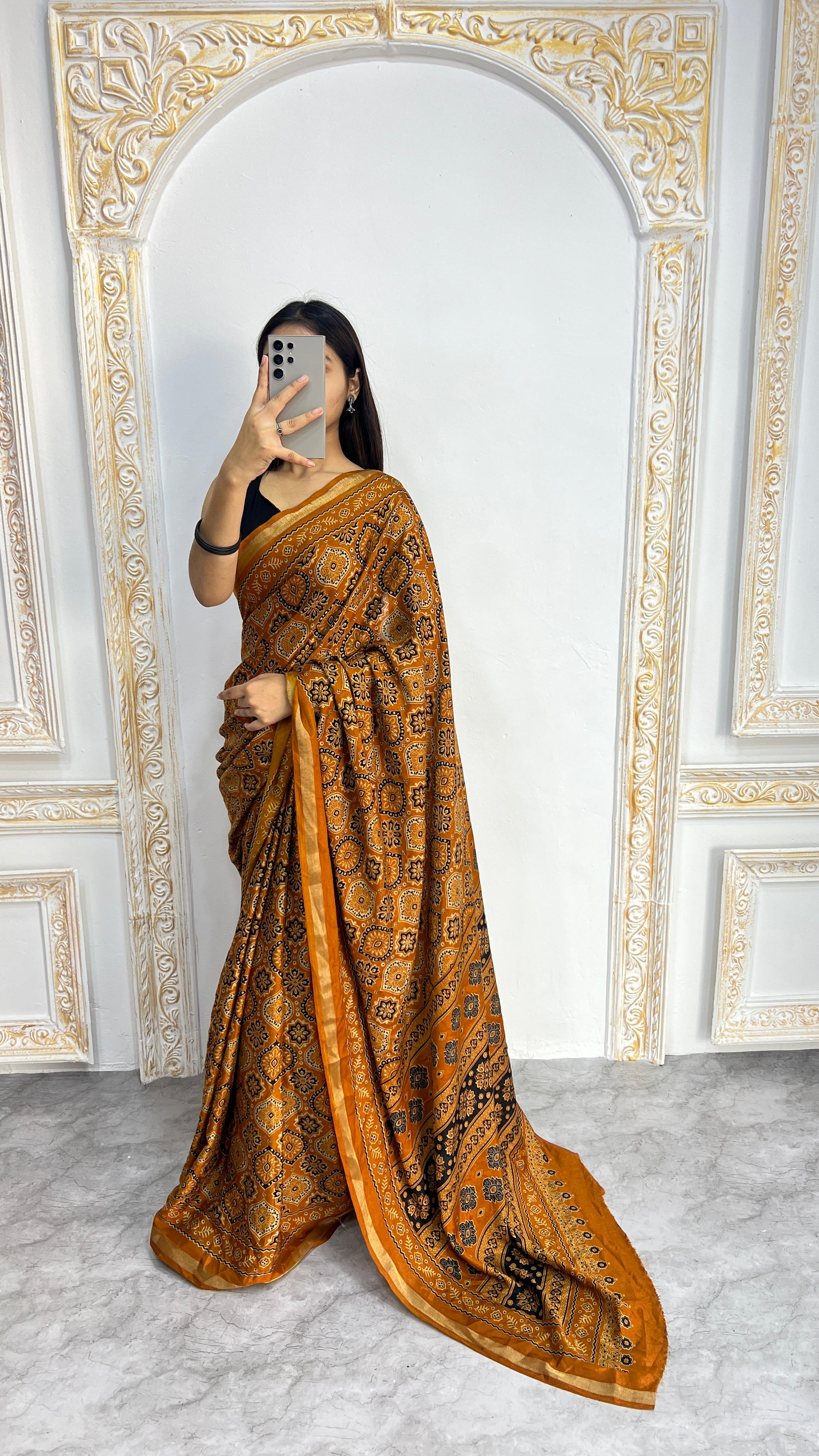 Luxury Mustard Gold Ajrakh-Inspired Printed Saree with Intricate Heritage Motifs & Grand Designer Pallu