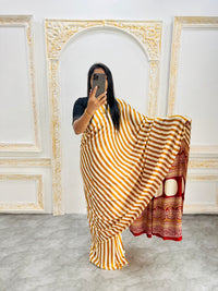 Elegant Mustard Yellow & White Striped Designer Saree with Bold Red Heritage Pallu