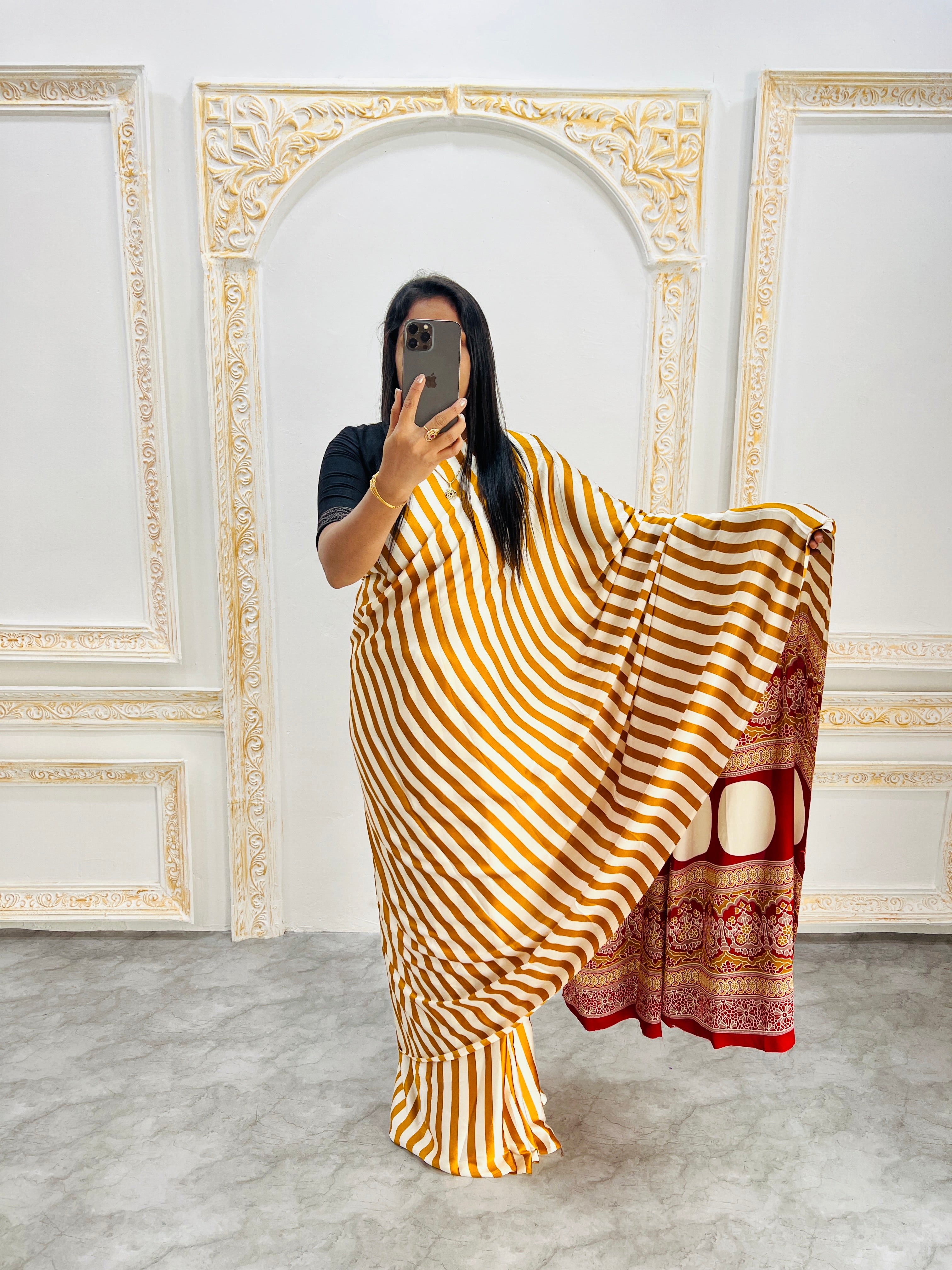 Elegant Mustard Yellow & White Striped Designer Saree with Bold Red Heritage Pallu
