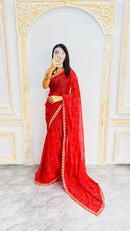 Luxury Classic Red Linen Saree with Textured Micro Prints & Elegant Scalloped Lace Border