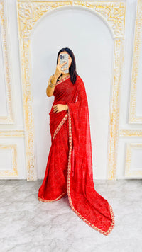 Luxury Classic Red Linen Saree with Textured Micro Prints & Elegant Scalloped Lace Border