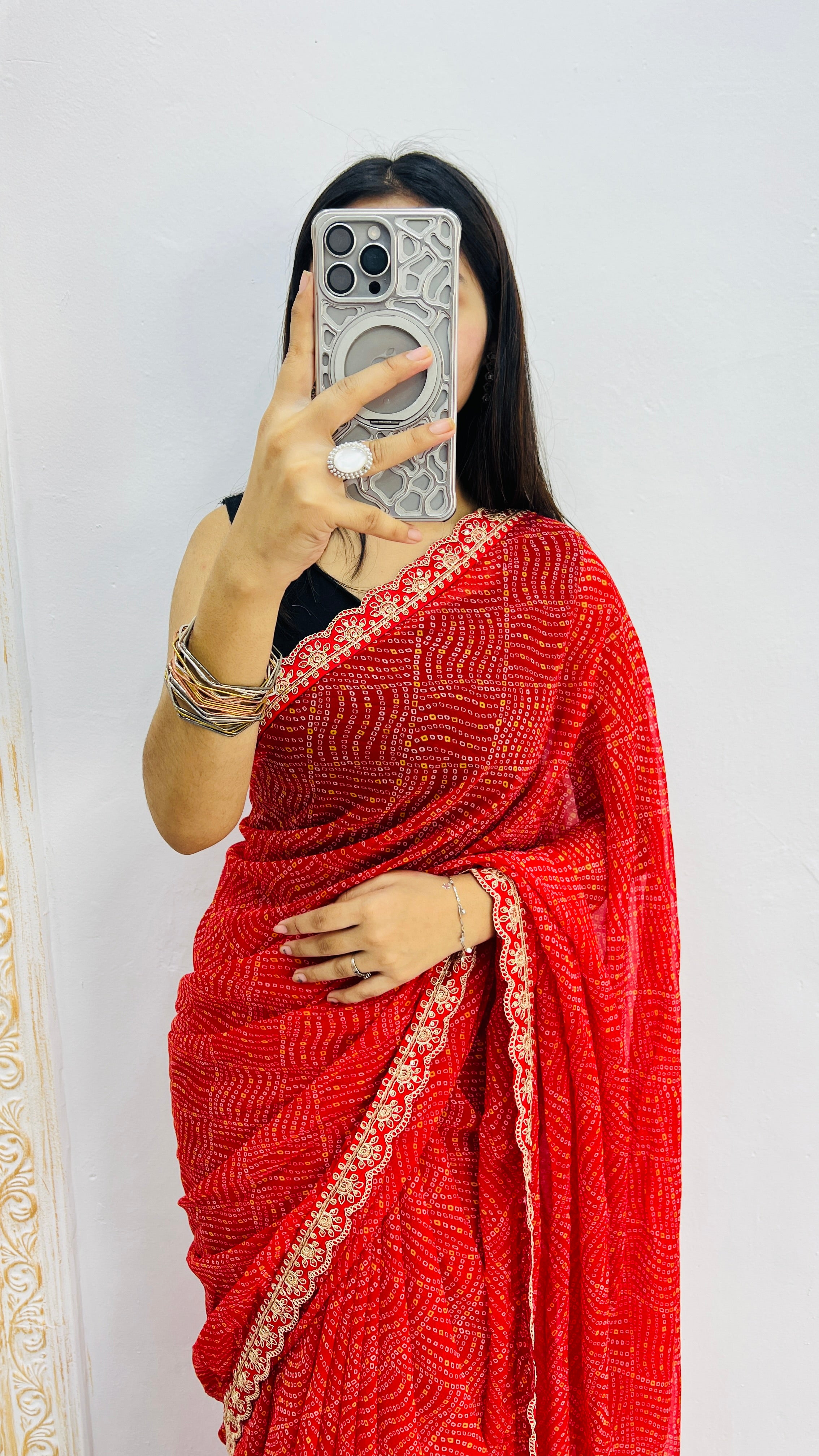 Luxury Classic Red Linen Saree with Textured Micro Prints & Elegant Scalloped Lace Border