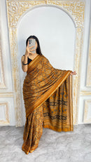 Luxury Mustard Gold Ajrakh-Inspired Printed Saree with Intricate Heritage Motifs & Grand Designer Pallu