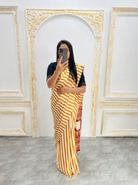 Elegant Mustard Yellow & White Striped Designer Saree with Bold Red Heritage Pallu