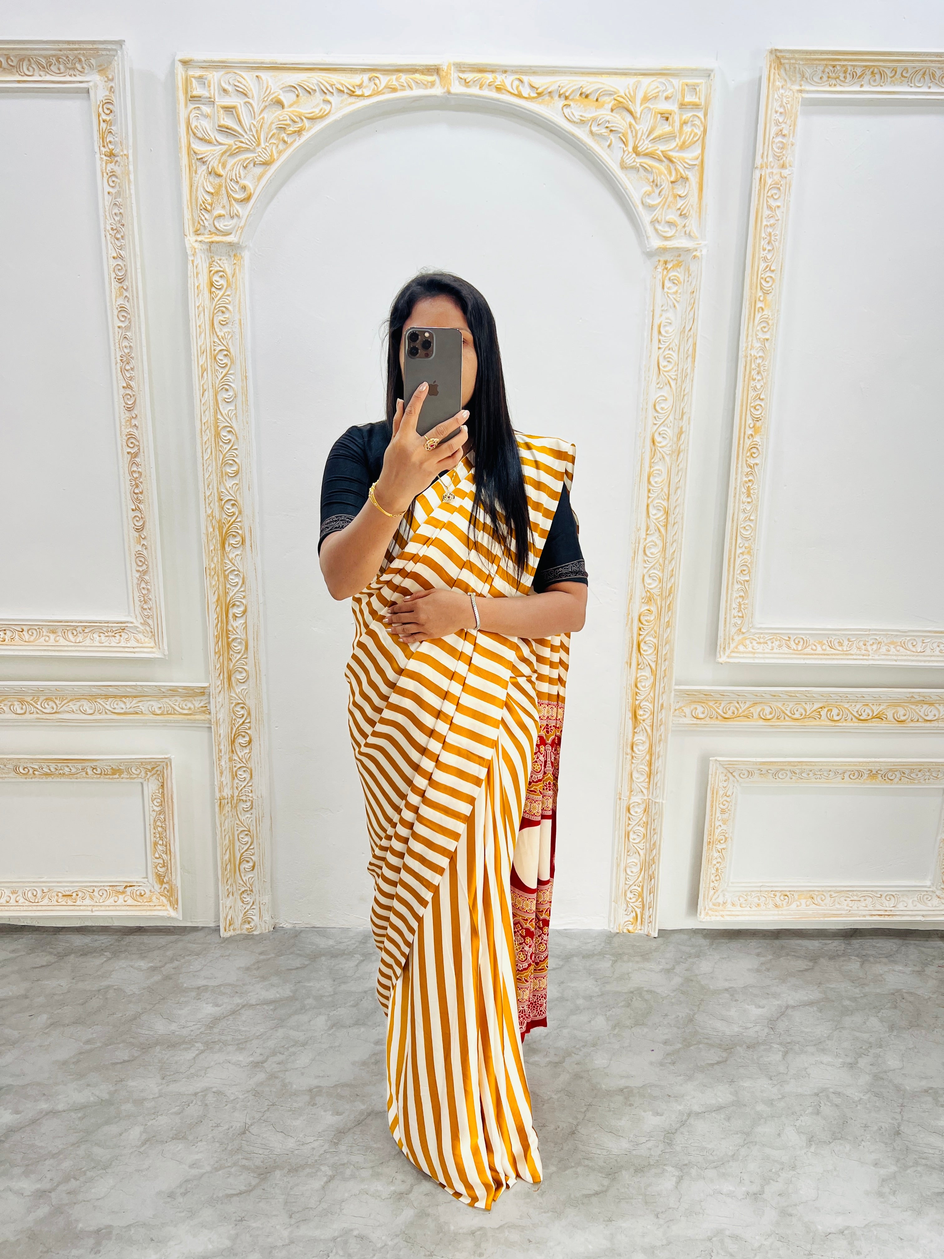 Elegant Mustard Yellow & White Striped Designer Saree with Bold Red Heritage Pallu