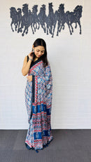 Graceful Indigo Blue Ajrakh-Inspired Printed Saree with Ethnic Border & Tassel Detailing