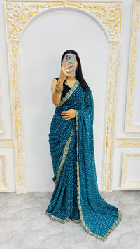 Luxury Teal Blue Bandhani Printed Saree with Elegant Scalloped Border & Timeless Festive Appeal