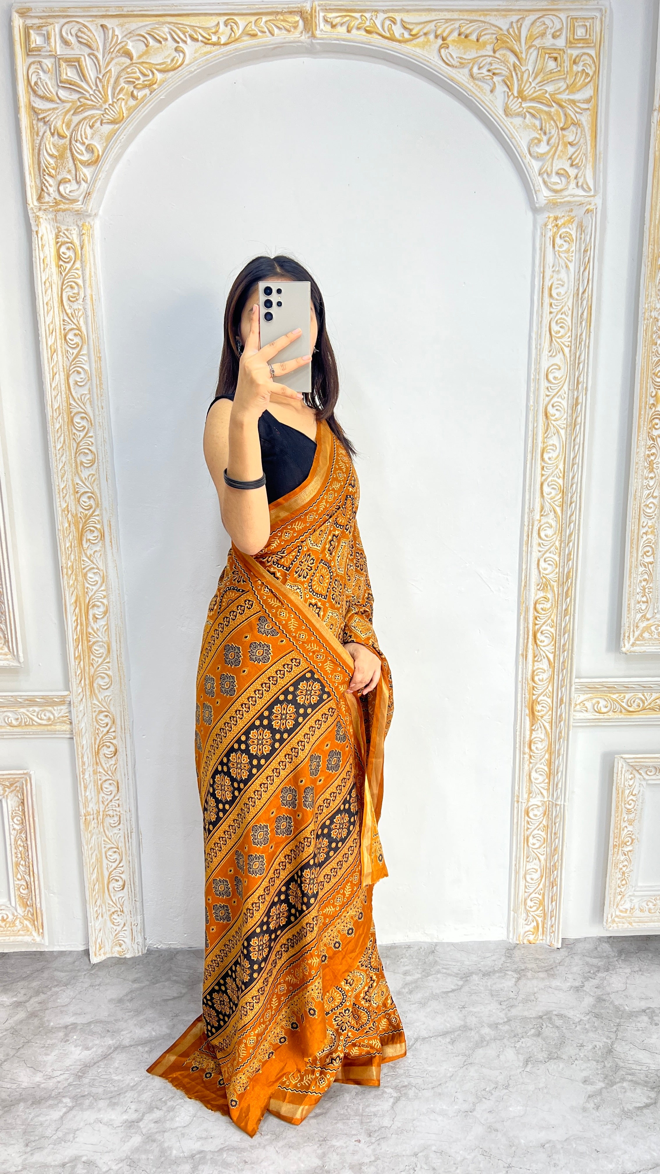 Luxury Mustard Gold Ajrakh-Inspired Printed Saree with Intricate Heritage Motifs & Grand Designer Pallu