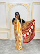 Elegant Mustard Yellow & White Striped Designer Saree with Bold Red Heritage Pallu