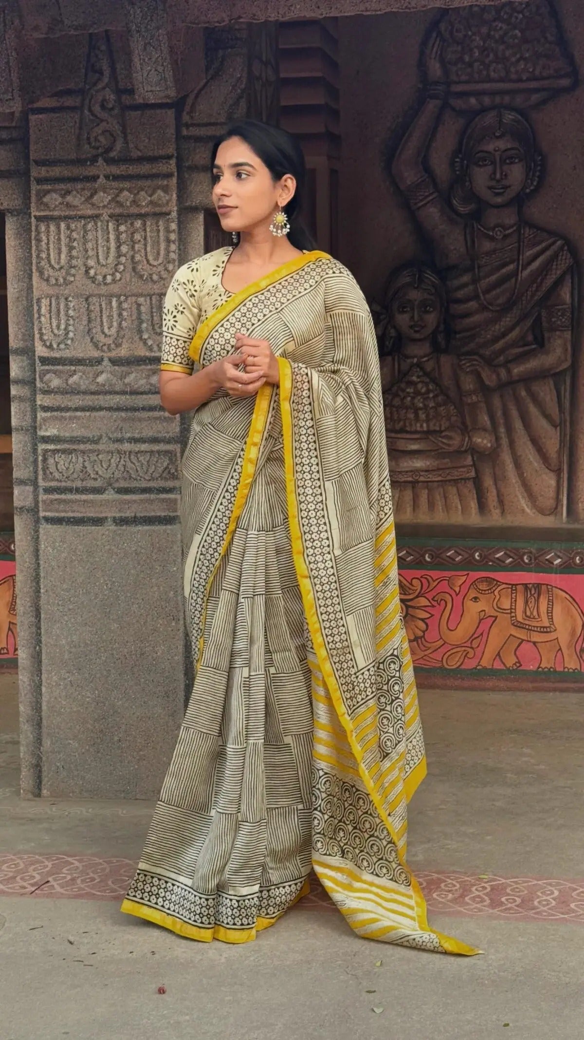 Ivory Grid Cotton Silk Saree with Mustard Accent Heritage Border