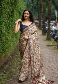 Vintage Ivory Kalamkari Style Silk Saree with Heritage Floral Narrative