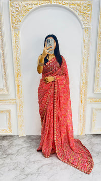 Vibrant Red Zigzag Print Designer Saree with Elegant Lace Border