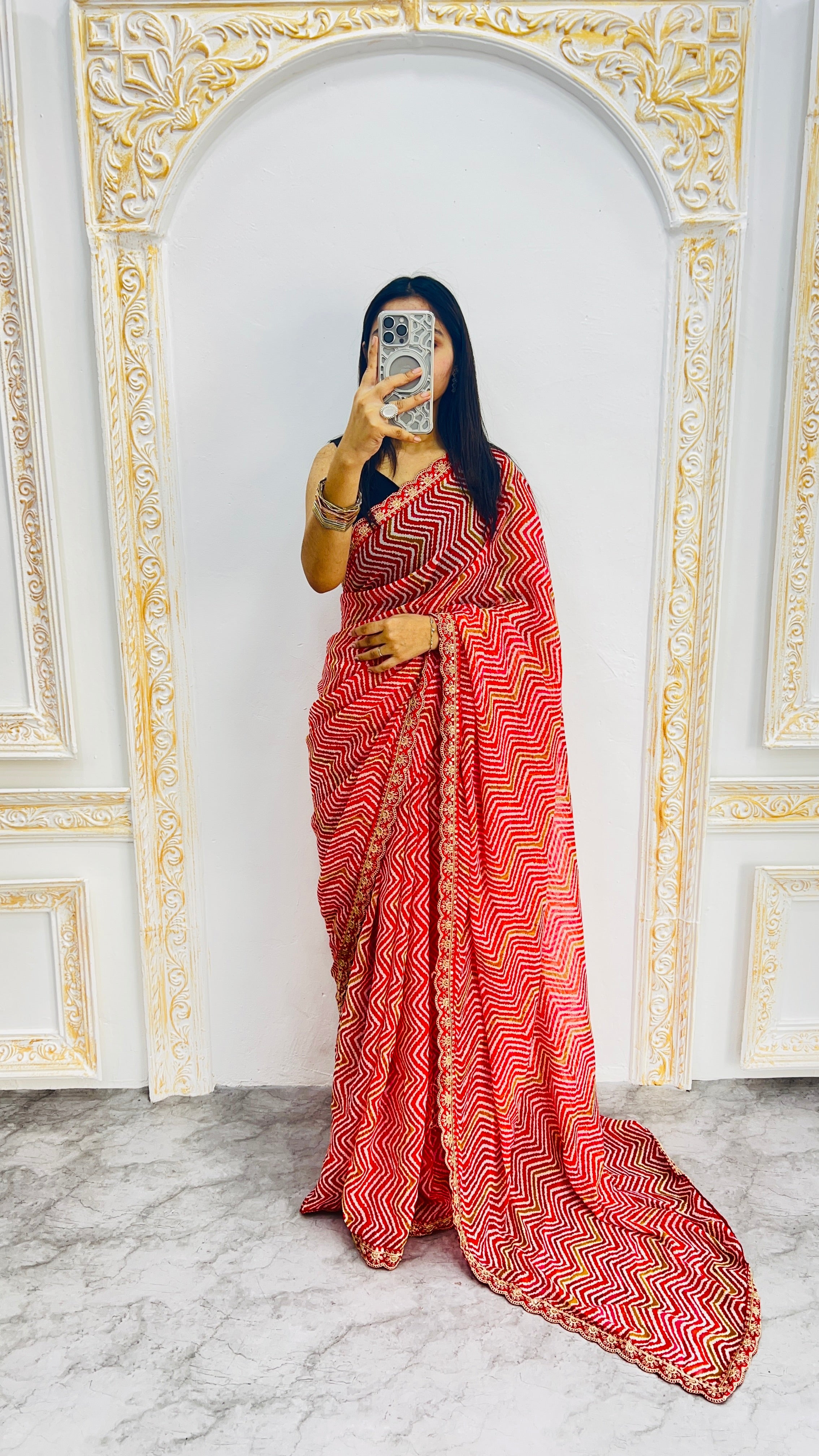 Vibrant Red Zigzag Print Designer Saree with Elegant Lace Border