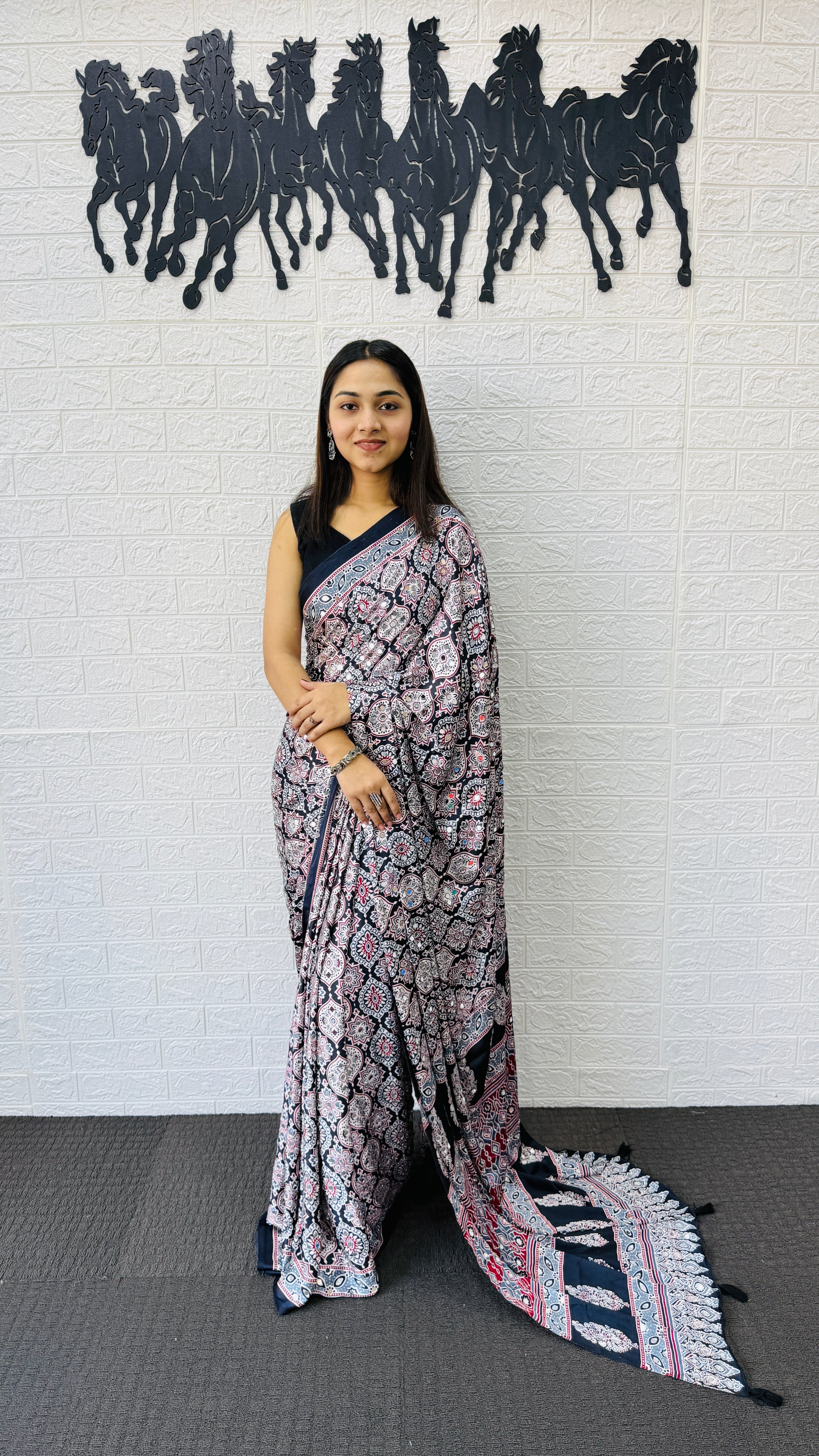 Elegant Charcoal Grey Floral Print Saree with Designer Ethnic Border & Tassels