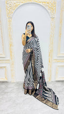 Luxury Black & White Striped Printed Saree with Regal Ethnic Pallu & Designer Border