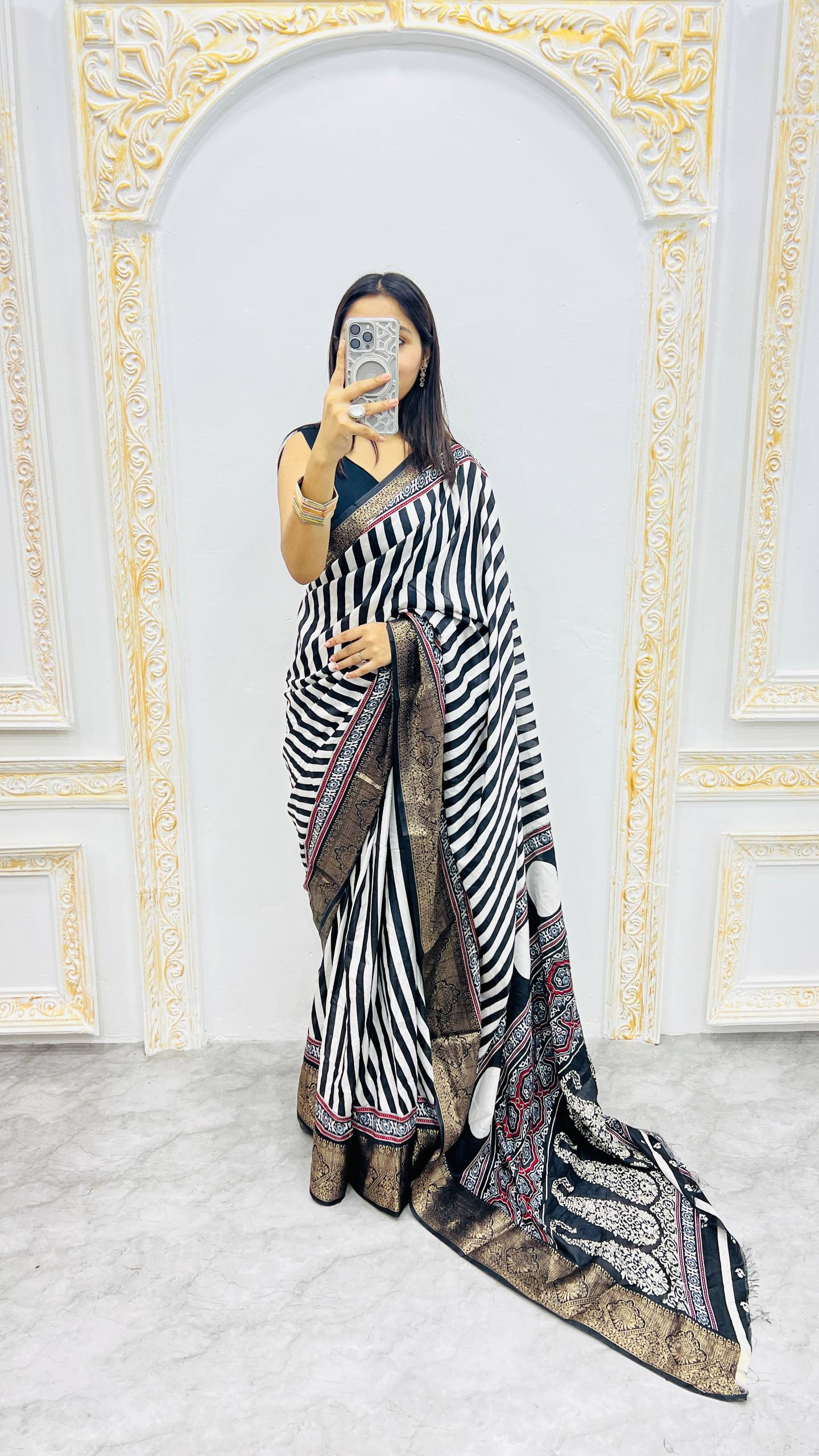 Luxury Black & White Striped Printed Saree with Regal Ethnic Pallu & Designer Border
