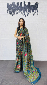 Royal Peacock Blue Patola Silk Saree with Multicolor Traditional Weaving | Premium Festive & Cultural Wear