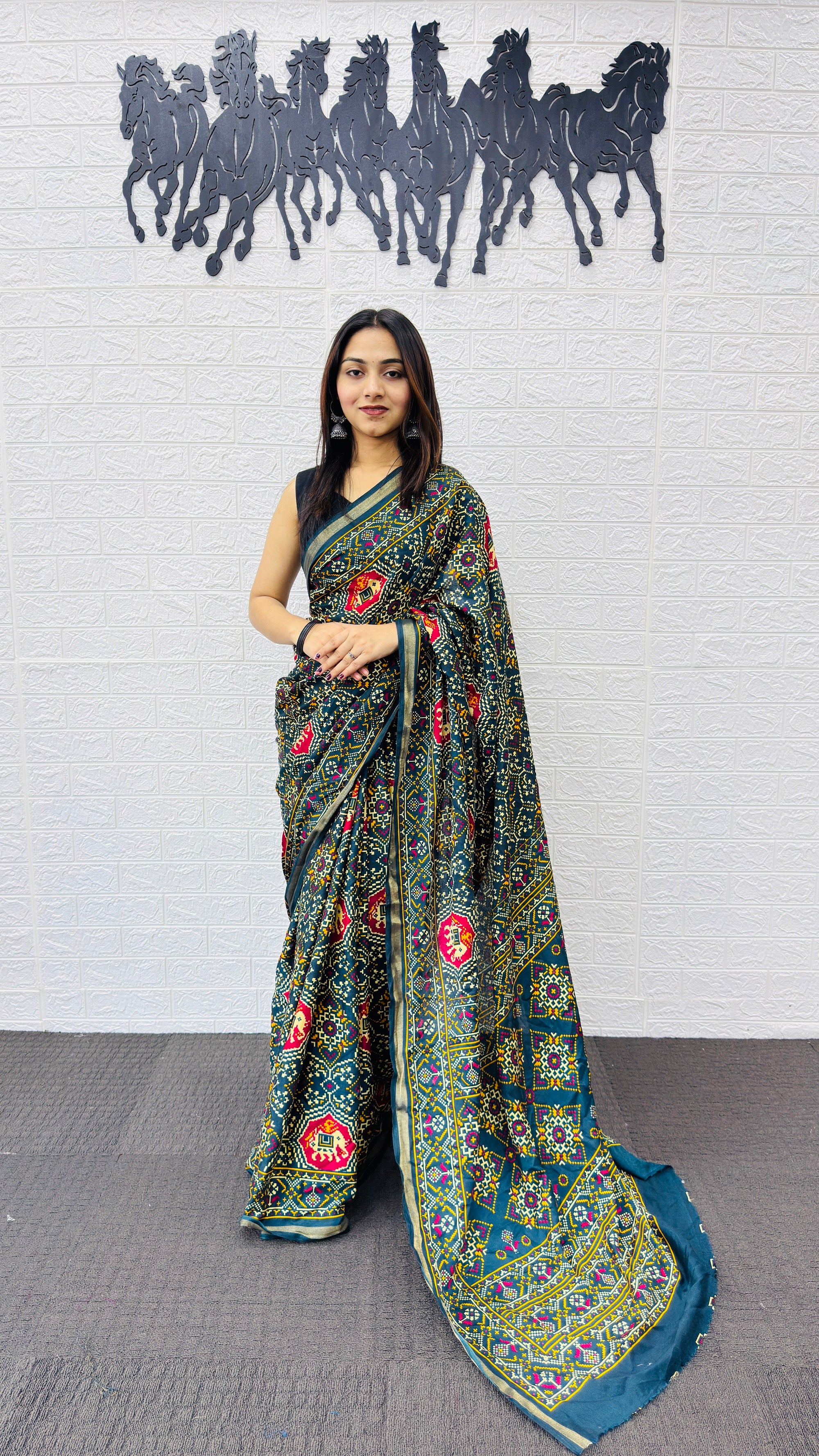 Royal Peacock Blue Patola Silk Saree with Multicolor Traditional Weaving | Premium Festive & Cultural Wear