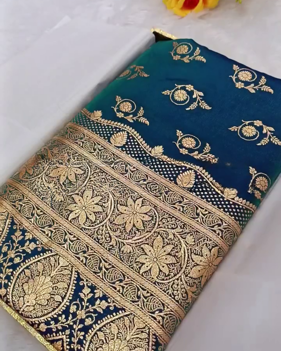 Teal Banarasi Handloom Silk Saree with Zari Weaving Work main image 0