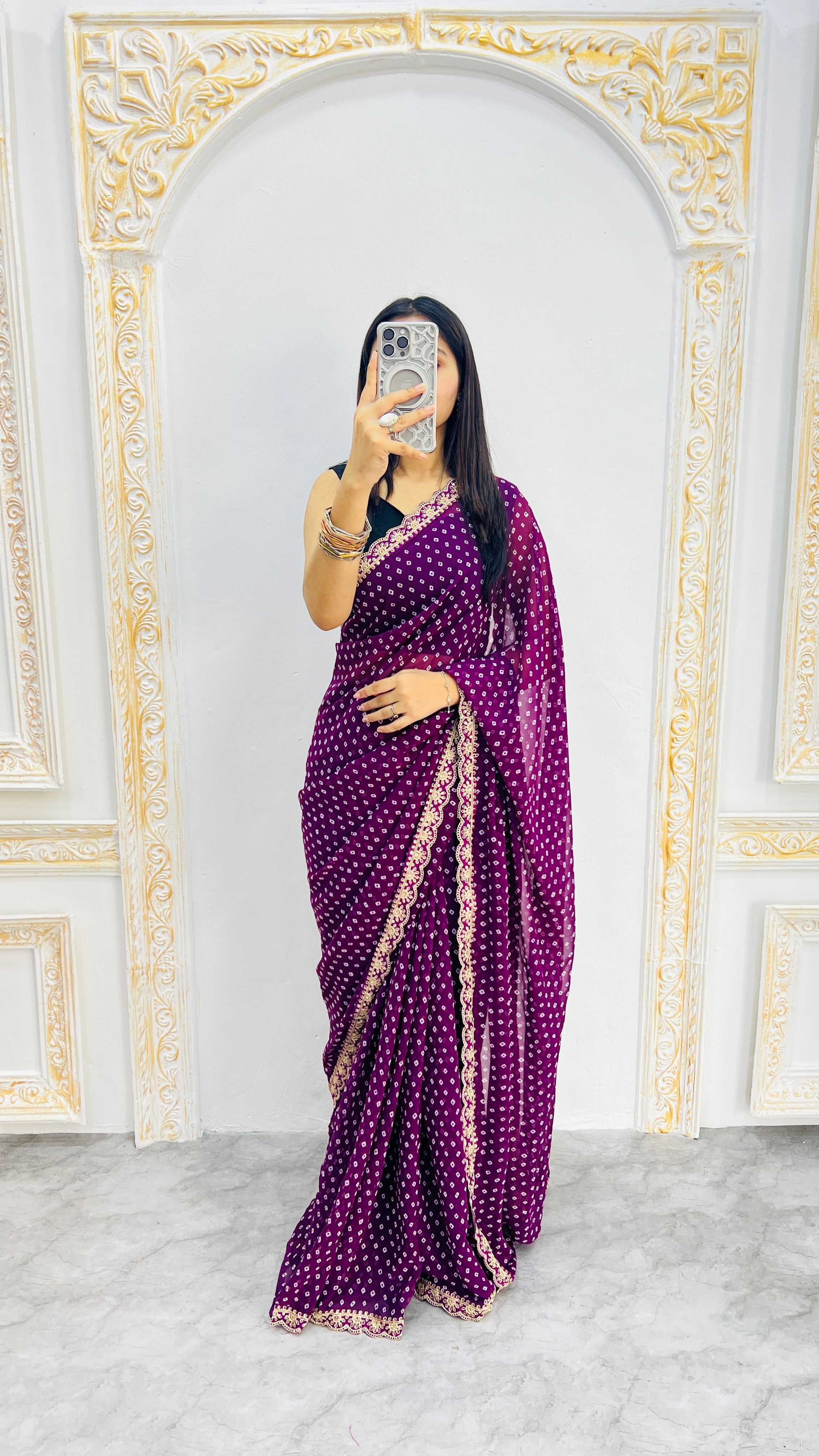 Luxury Wine Purple Bandhani Style Saree with Elegant Lace Border & Classic Micro Motifs