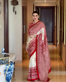 Luxury Off-White & Red Traditional Printed Saree with Heritage Border & Elegant Statement Pallu