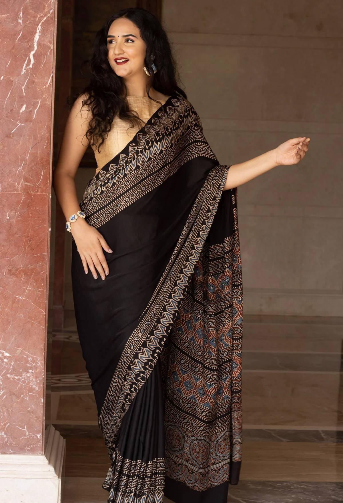 Midnight Heritage Ajrakh Silk Saree with Intricate Tribal Geometric Elegance
