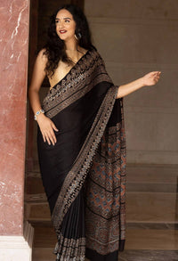 Midnight Heritage Ajrakh Silk Saree with Intricate Tribal Geometric Elegance