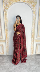 Luxury Wine Red Ajrakh-Inspired Printed Saree with Intricate Heritage Motifs & Rich Pallu