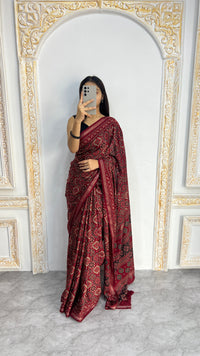 Luxury Wine Red Ajrakh-Inspired Printed Saree with Intricate Heritage Motifs & Rich Pallu