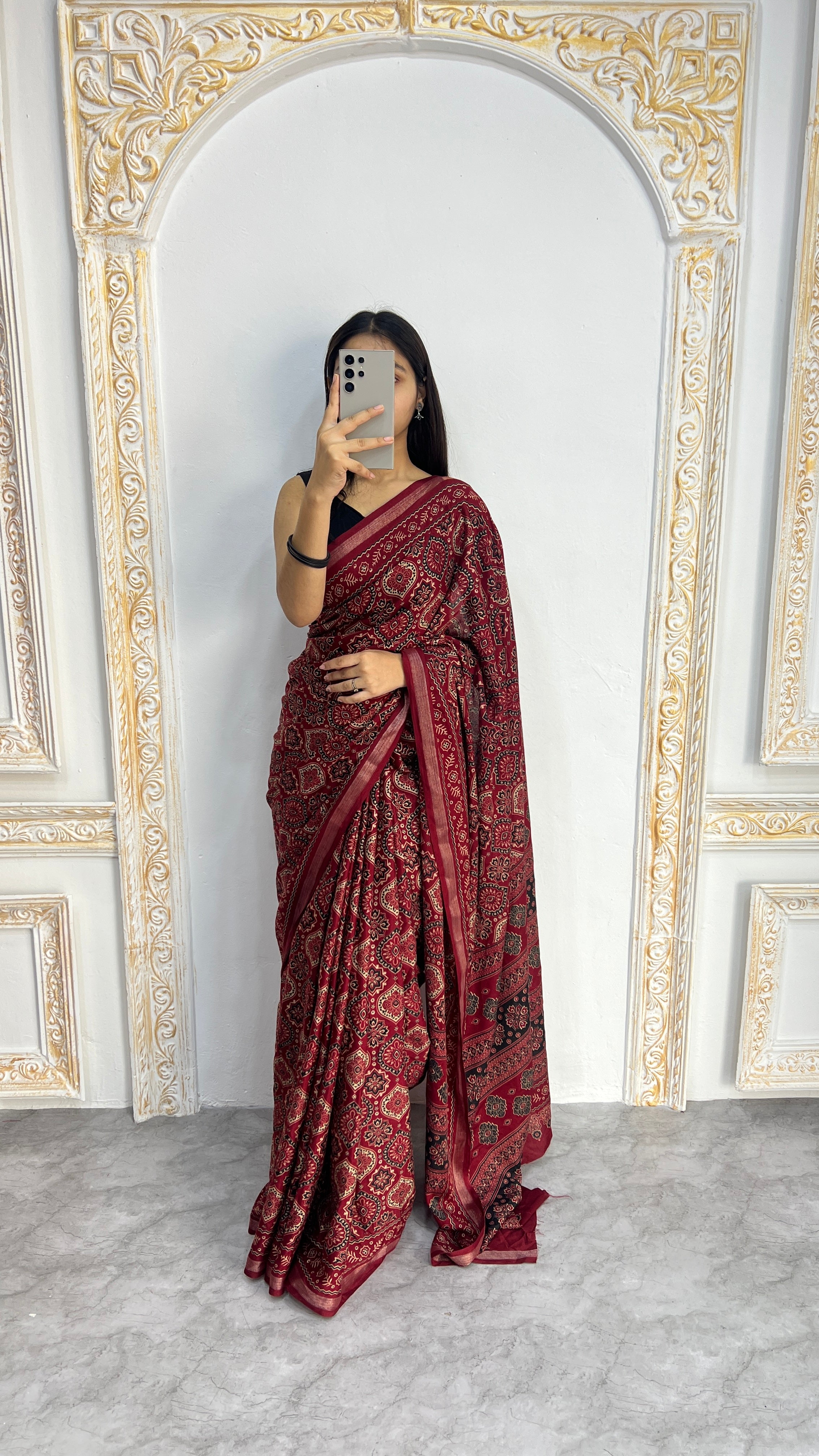 Luxury Wine Red Ajrakh-Inspired Printed Saree with Intricate Heritage Motifs & Rich Pallu