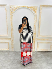 Elegant Black & White Striped Designer Saree with Bold Red Heritage Pallu