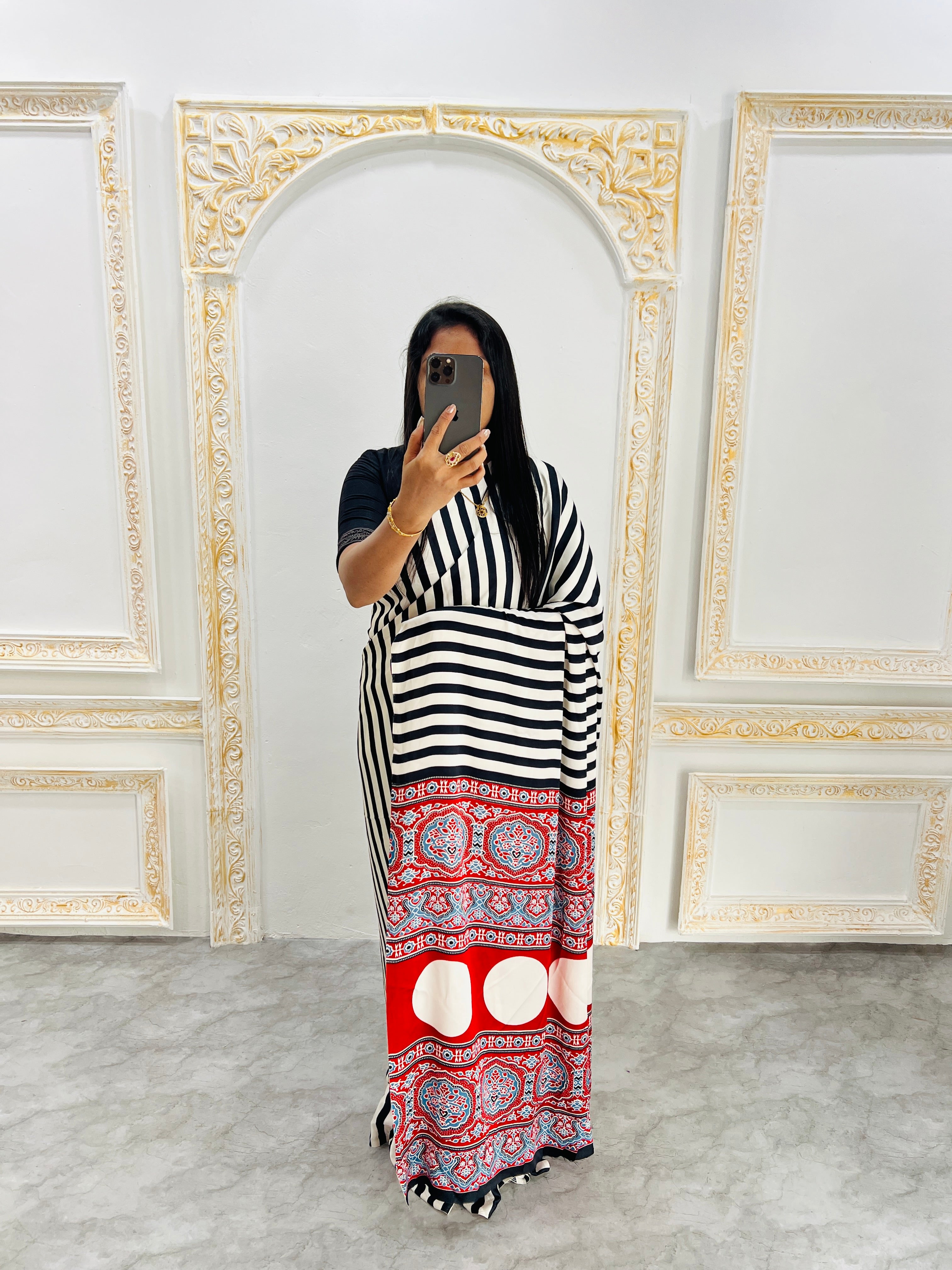Elegant Black & White Striped Designer Saree with Bold Red Heritage Pallu