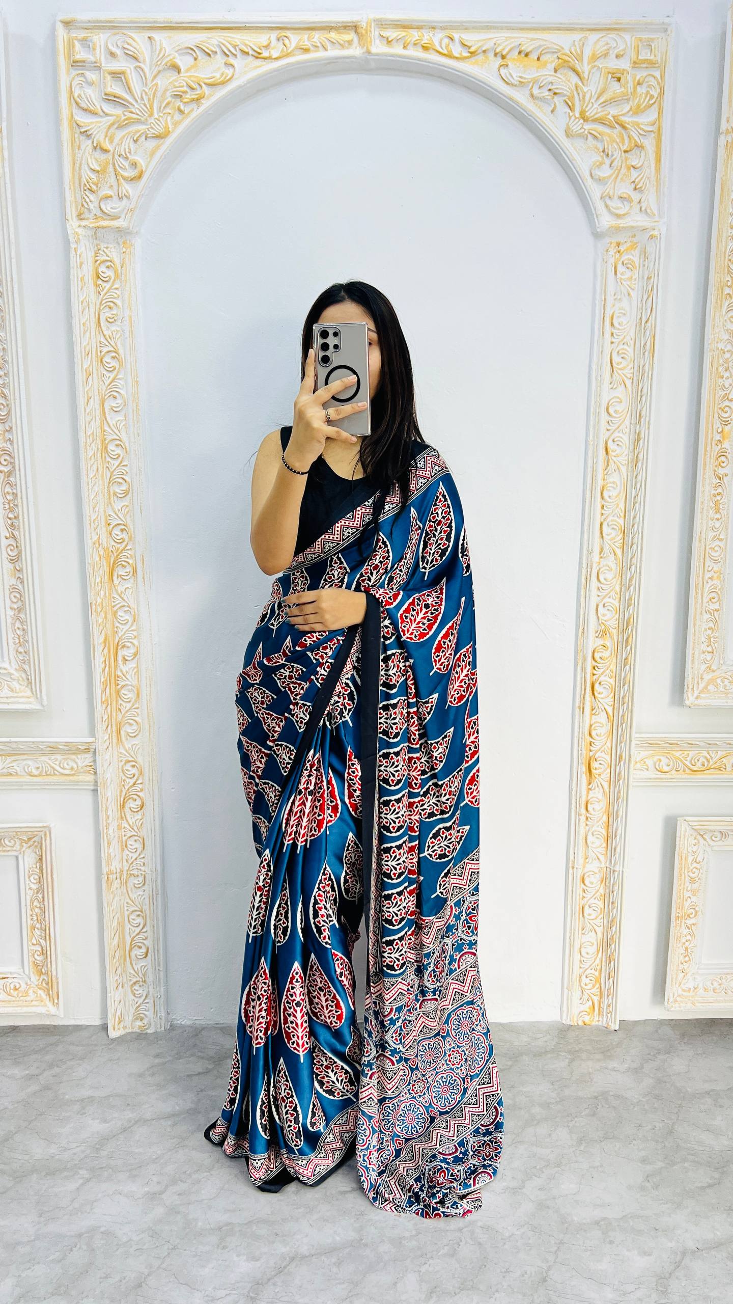 Indigo Royale Mal Mal Silk Saree with Ajrakh Inspired Leaf Motif Elegance