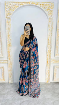Indigo Royale Mal Mal Silk Saree with Ajrakh Inspired Leaf Motif Elegance