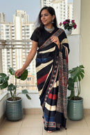 Midnight Ivory Ajrakh Silk Saree with Heritage Panel Pallu Design