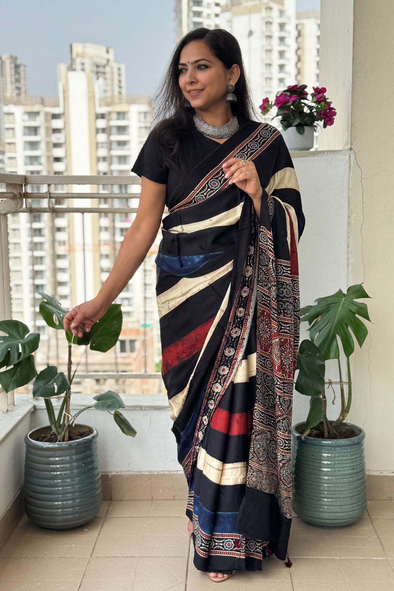 Midnight Ivory Ajrakh Silk Saree with Heritage Panel Pallu Design