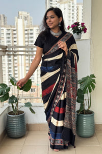 Midnight Ivory Ajrakh Silk Saree with Heritage Panel Pallu Design