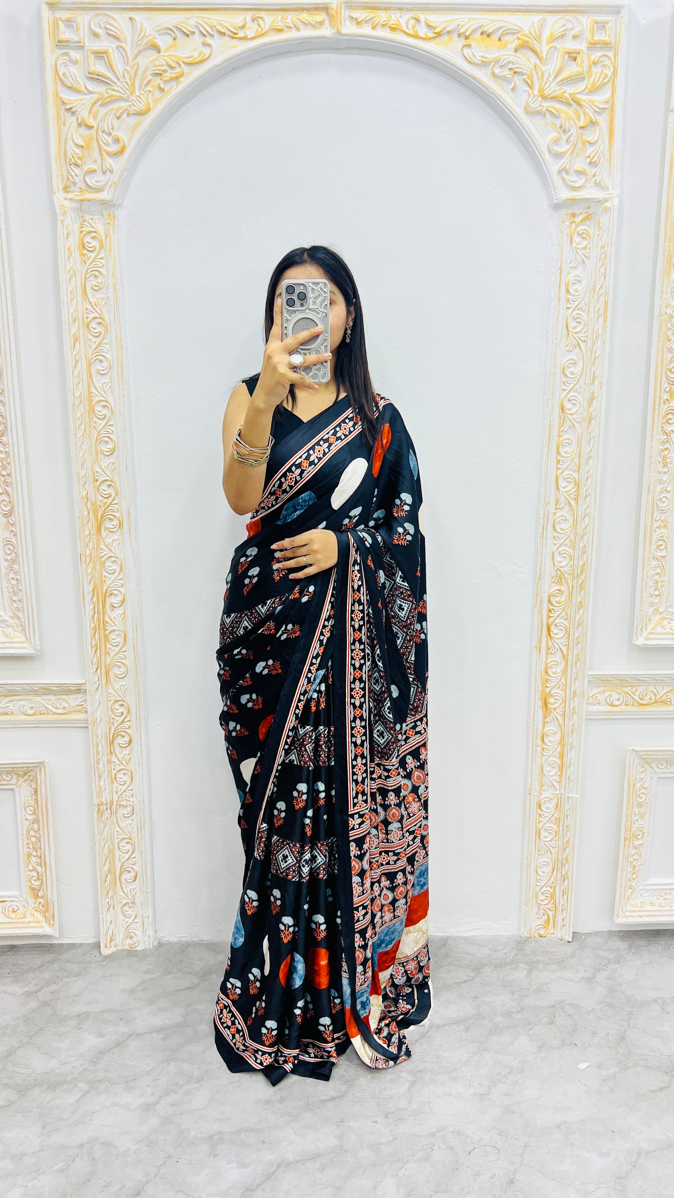 Luxury Midnight Black Linen Saree with Artistic Multicolor Motifs & Heritage Statement Pallu