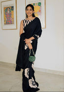 Midnight Noir Cotton Silk Saree with Artistic Floral Statement Design
