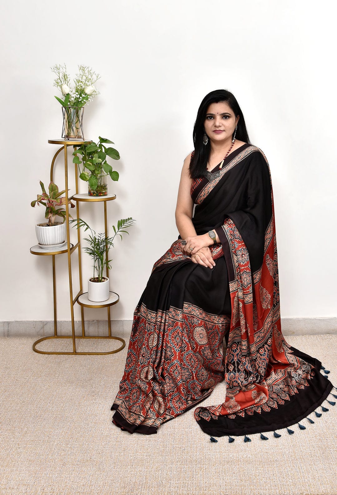 Luxury Black & Rust Ajrakh Printed Saree with Traditional Heritage Motifs & Designer Tassel Pallu